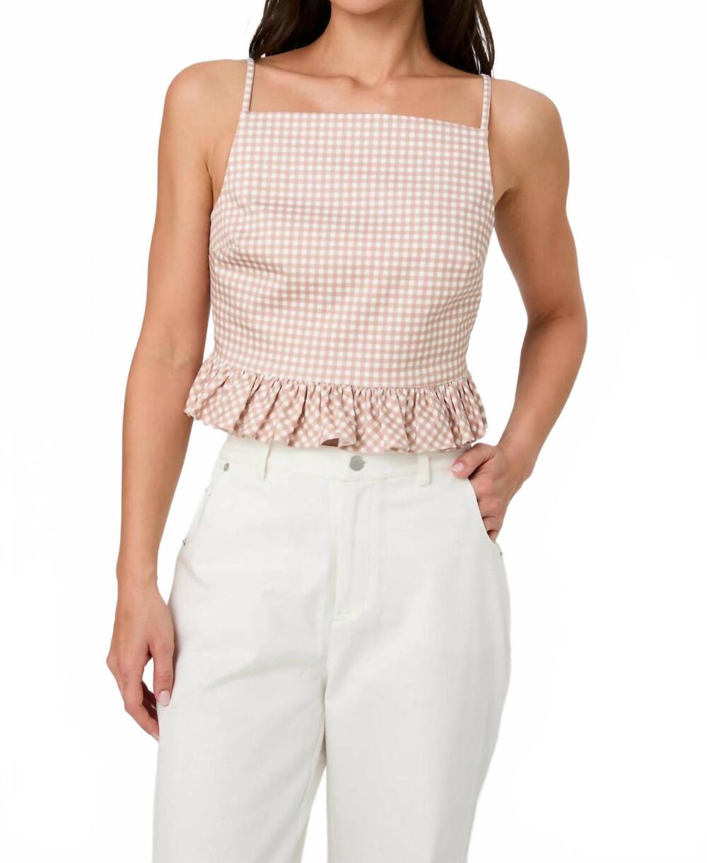 NEW FRENCH CONNECTION lilah stretch cotton top in petit gingham almond